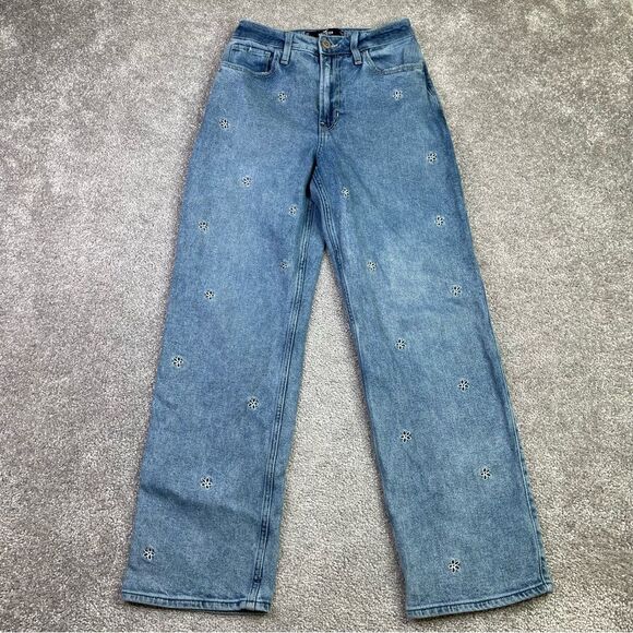 Hollister Dad Jeans Women’s 25 Short Blue Straight High Rise Flower Embroidered - Picture 1 of 12